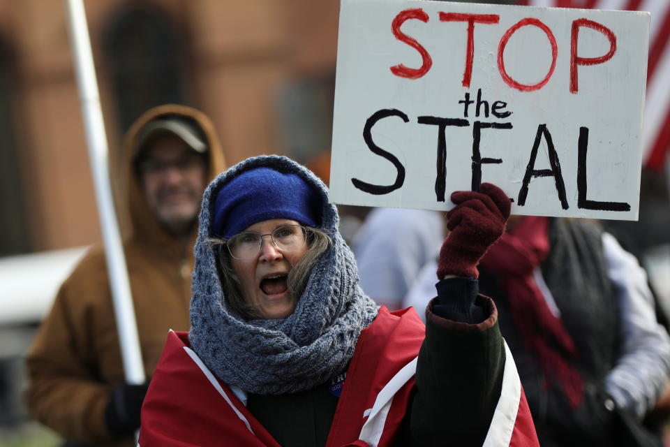 A supporter of U.S. President Donald Trump participates in a 