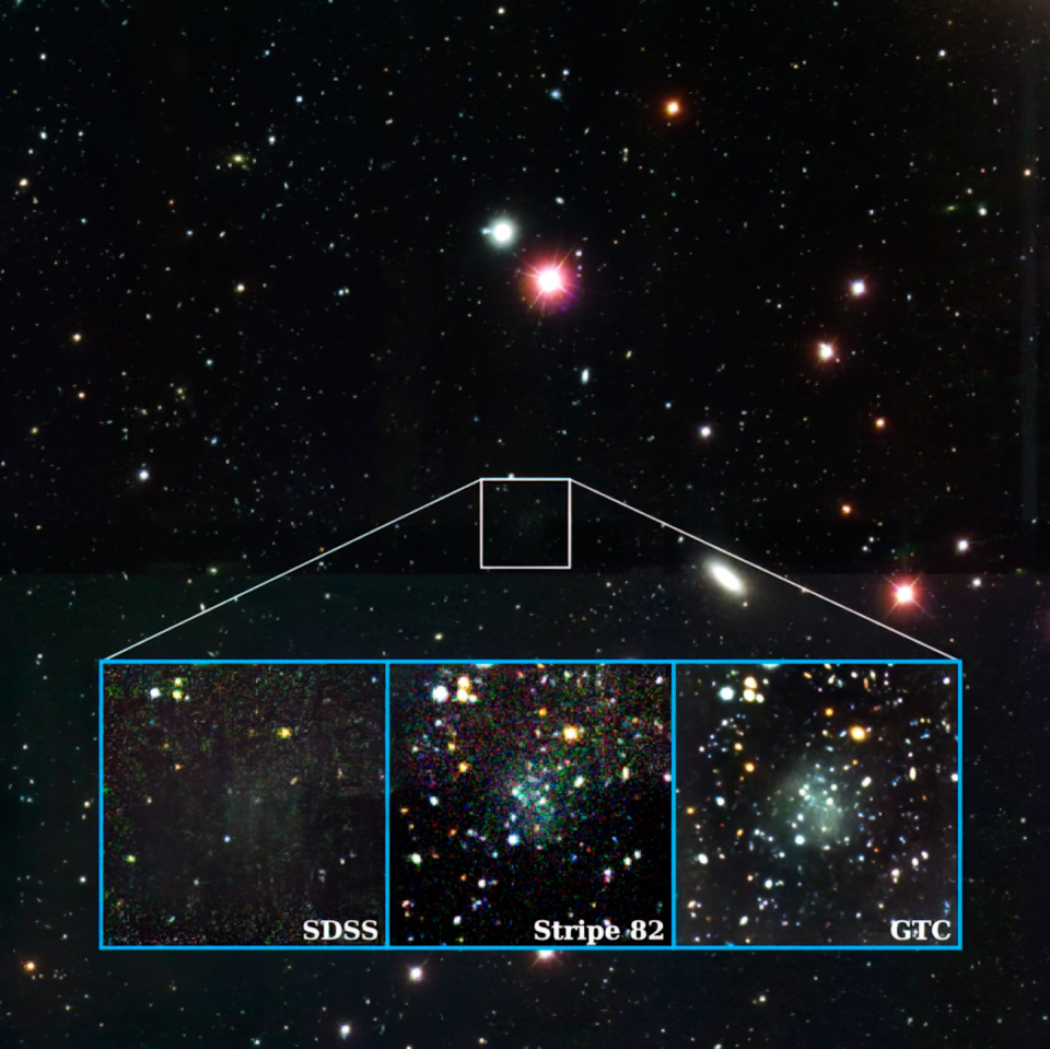 Imágenes obtenidas de Nube en cartografiados anteriores y finalmente con el GTC. <a href="https://www.iac.es/es/divulgacion/noticias/nube-la-galaxia-casi-invisible-que-desafia-el-modelo-de-materia-oscura" rel="nofollow noopener" target="_blank" data-ylk="slk:IAC;elm:context_link;itc:0;sec:content-canvas" class="link ">IAC</a>, <a href="http://creativecommons.org/licenses/by/4.0/" rel="nofollow noopener" target="_blank" data-ylk="slk:CC BY;elm:context_link;itc:0;sec:content-canvas" class="link ">CC BY</a>