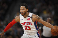 Detroit Pistons guard Derrick Rose drives to the net in the first half of an NBA basketball game against the Denver Nuggets Tuesday, Feb. 25, 2020, in Denver. (AP Photo/David Zalubowski)