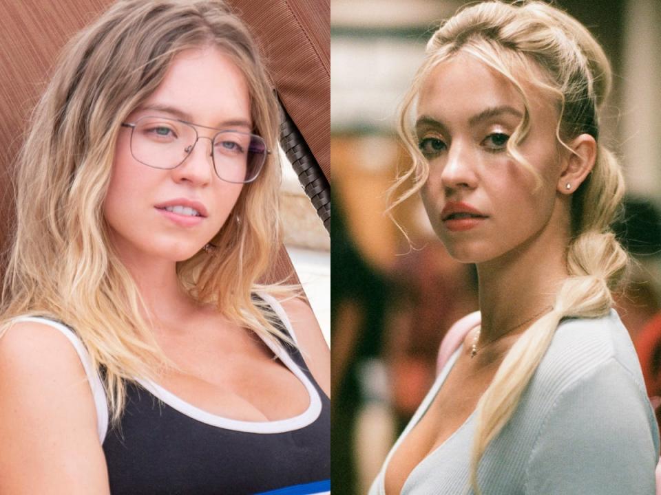 On the left: Sydney Sweeney on "The White Lotus." On the right: Sweeney on season two of "Euphoria."