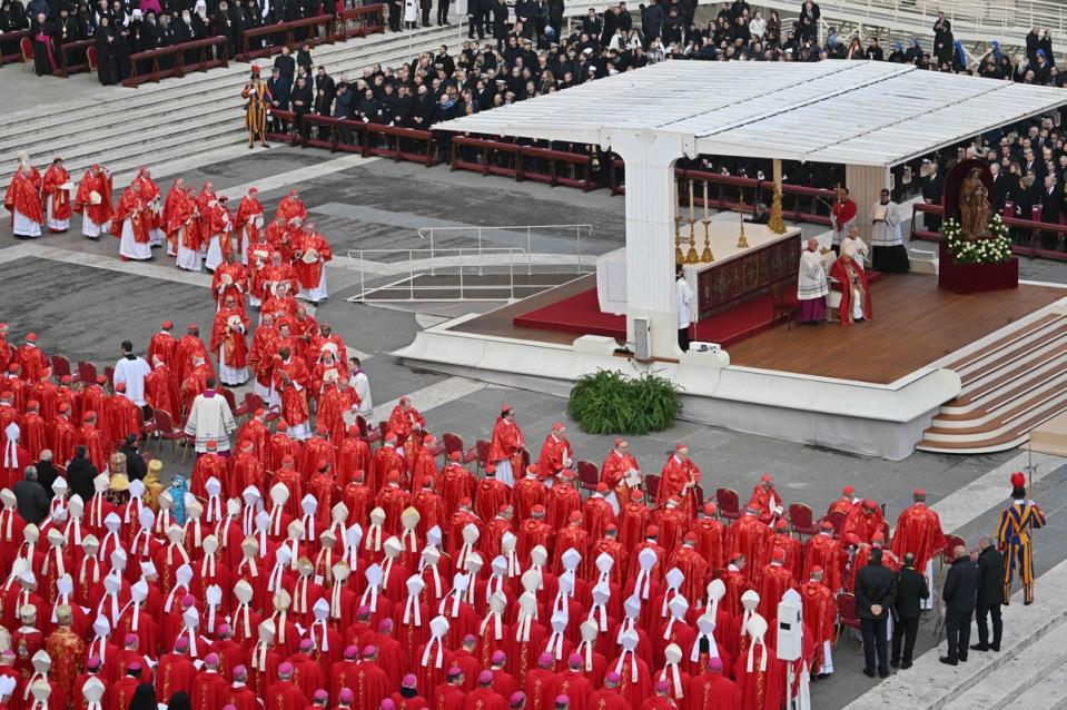 Pope Francis attends the funeral mass of Pope Emeritus Benedict XVI at St. Peter's square in the Vatican (AFP via Getty Images)