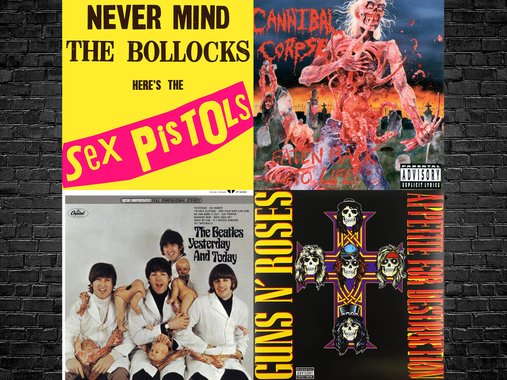 Top left clockwise: Artwork for the Sex Pistols, Cannibal Corpse, Guns N’ Roses, and The Beatles (Geffen/Virgin/Universal/EMI)