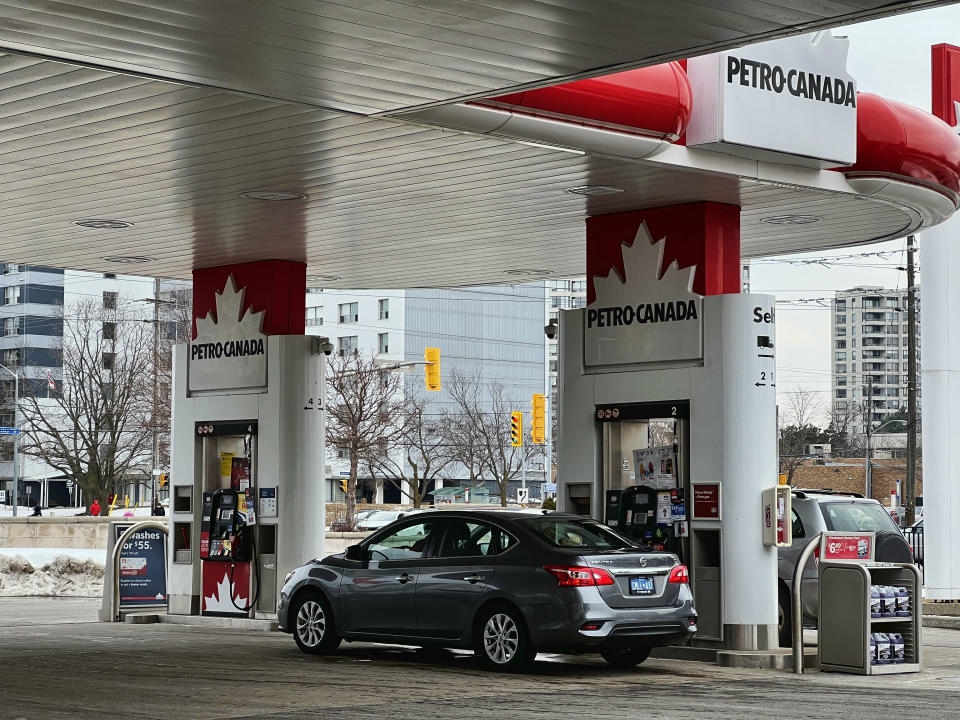 Motorists fill-up their vehicles at a Petro-Canada gasoline station in Toronto, Ontario, Canada, on march 05, 2022. Gas prices in the Greater Toronto Area have went up a staggering 25 cents per litre over the last week. However many are warning that this may be the 'calm before the storm' amid ongoing geopolitical tensions in Eastern Europe due to the war between Ukraine and Russia. It is expected that the price of oil will approach US $150 a barrel within weeks, causing the cost of gasoline to surpass $2 a litre. (Photo by Creative Touch Imaging Ltd./NurPhoto via Getty Images)