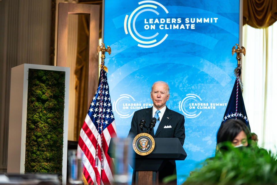 WASHINGTON, DC - APRIL 23: U.S. President Joe Biden delivers remarks during day 2 of the virtual Leaders Summit on Climate at the East Room of the White House April 23, 2021 in Washington, DC. Biden pledged to cut greenhouse gas emissions by half by 2030. (Photo by Anna Moneymaker-Pool/Getty Images)