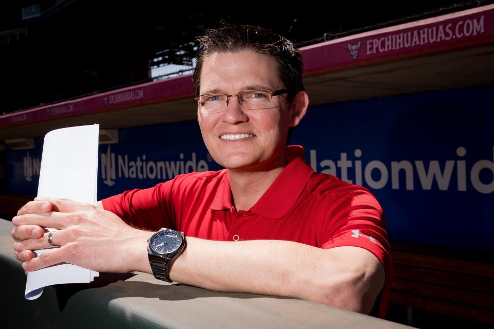 El Paso Chihuahuas broadcaster Tim Hagerty poses for a photos at the dugout at the Southwest University Park on Wednesday, March 29, 2023.