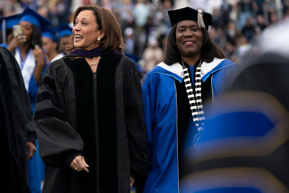 Vice President Kamala Harris arrives with Tennessee State University President Glenda Glover to the commencement ceremony Saturday, May 7, 2022, in Nashville, Tenn. Vice President Harris delivered the commencement address to the students during the ceremony.