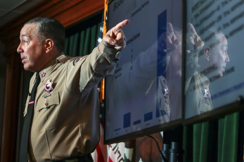 Los Angeles, CA - October 05: Sheriff Alex Villanueva addresses a news conference to discuss the sheriff's department budget and ``set the record straight on several items.'' at Hall of Justice on Wednesday, Oct. 5, 2022 in Los Angeles, CA. (Irfan Khan / Los Angeles Times)