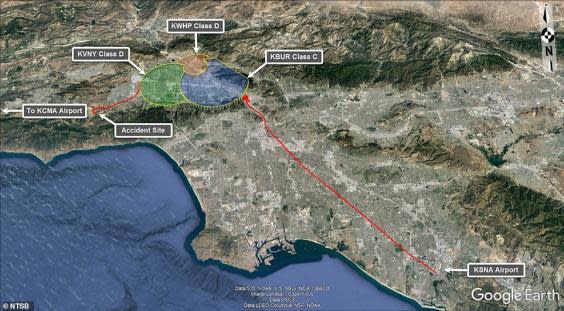 The flight path of the helicopter carrying Kobe Bryant on 26 January (National Transportation Safety Board)