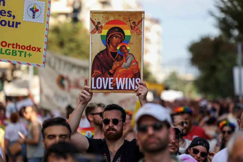 People take part in the pan-European international LGBTQI+ Pride parade in Thessaloniki, Greece, Saturday.