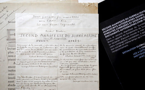 Andre Breton's Manuscript Second Manifeste du Surrealisme declared a national treasure before auction at the Hotel Drouot auction house in Paris - Credit:  Benoit Tessier/Reuters