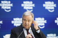 United Nations Secretary-General Antonio Guterres attends a session during the World Economic Forum in Davos, Switzerland, Thursday, Jan. 23, 2020. The United Nations Secretary-General Antonio Guterres on Tuesday, Aug. 25, 2020, said the global tourism industry has been devastated by the coronavirus pandemic, with $320 billion lost in exports in the first five months of the year and more than 120 million jobs at risk. (AP Photo/Markus Schreiber, File)