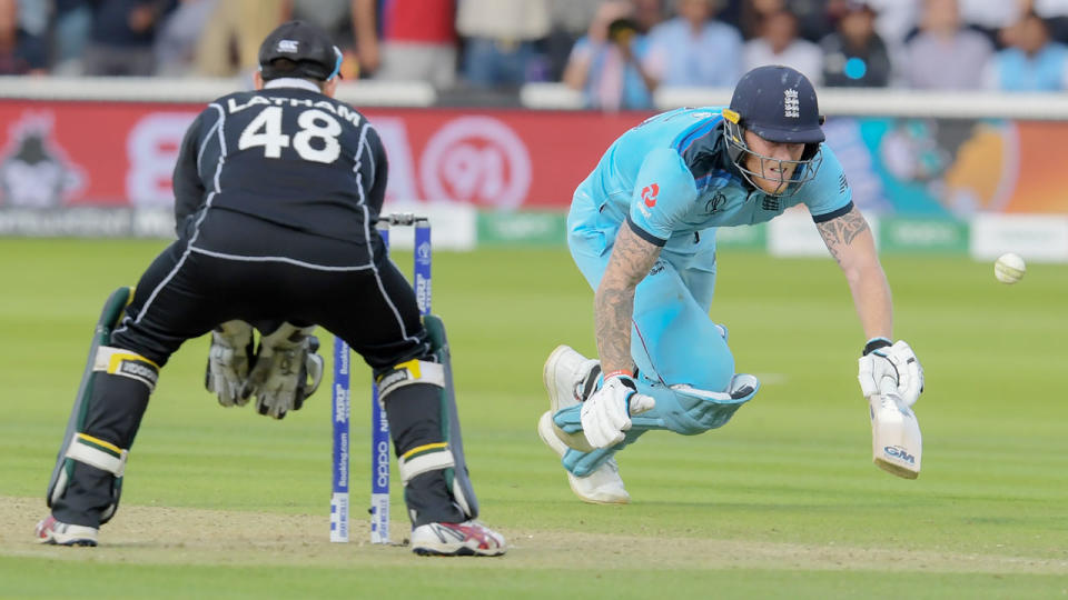 The ball hit Ben Stokes' bat as he dived into his crease in the last over of the Cricket World Cup final. Pic: Getty