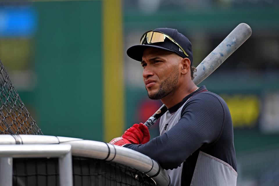 Victor Reyes #22 of the Detroit Tigers looks on during batting practice before the game against the Pittsburgh Pirates at PNC Park on September 8, 2021 in Pittsburgh, Pennsylvania.