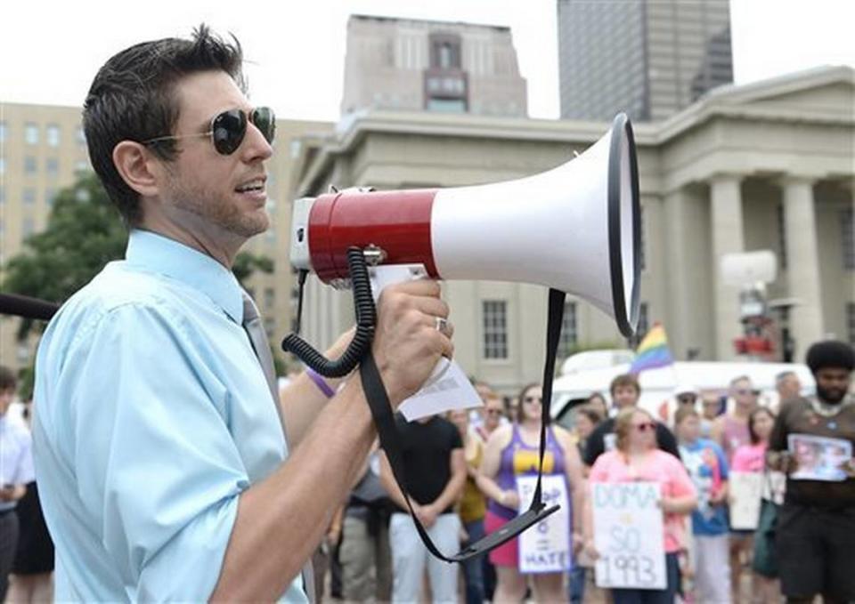 Chris Hartman, director of the Louisville Fairness Campaign, spoke during a rally June 26 in Louisville in support of the U.S. Supreme Court decision on the Defense of Marriage Act.