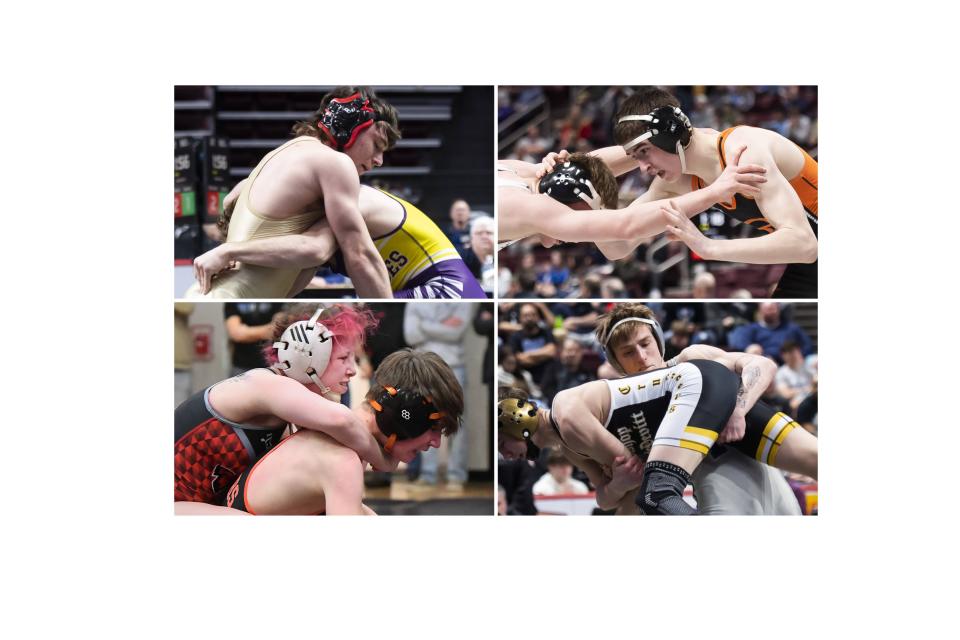 Some members of the Erie Times-News 2024 District 10 Boys Wrestling All-Star Team include, clockwise from top left: Girard's Story Buchanan; Cathedral Prep's Keagan Oler, Reynolds' Louie Gill and Northwestern's Sierra Chiesa.