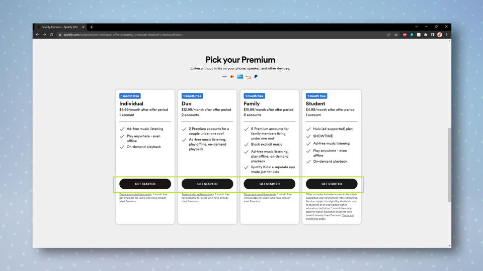 Spotify Premium options page