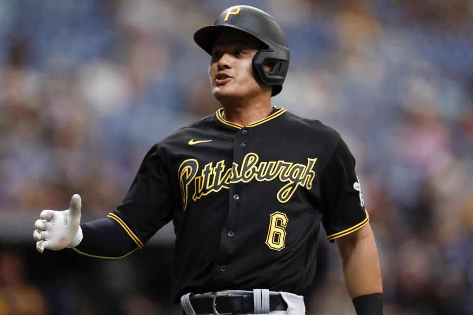 ST PETERSBURG, FLORIDA - JUNE 26: Yu Chang #6 of the Pittsburgh Pirates reacts after scoring during the third inning against the Tampa Bay Rays at Tropicana Field on June 26, 2022 in St Petersburg, Florida. (Photo by Douglas P. DeFelice/Getty Images)