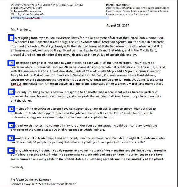 Kammen's resignation letter with the acrostic highlighted in blue.