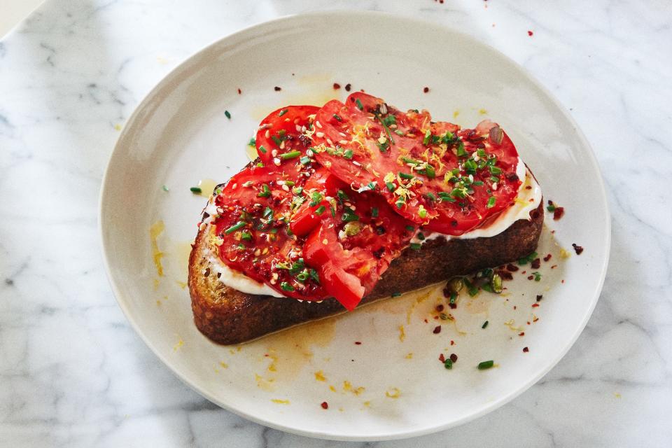 Tomato Toast with Chives and Sesame Seeds