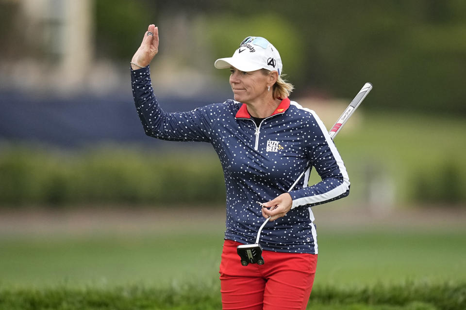 FILE - Annika Sorenstam, of Sweden, waves to the gallery during the second round of the U.S. Women's Open golf tournament at the Pebble Beach Golf Links, Friday, July 7, 2023, in Pebble Beach, Calif. Chairman Fred Ridley has confirmed Sorenstam is now a member at the Augusta National. (AP Photo/Darron Cummings, File)