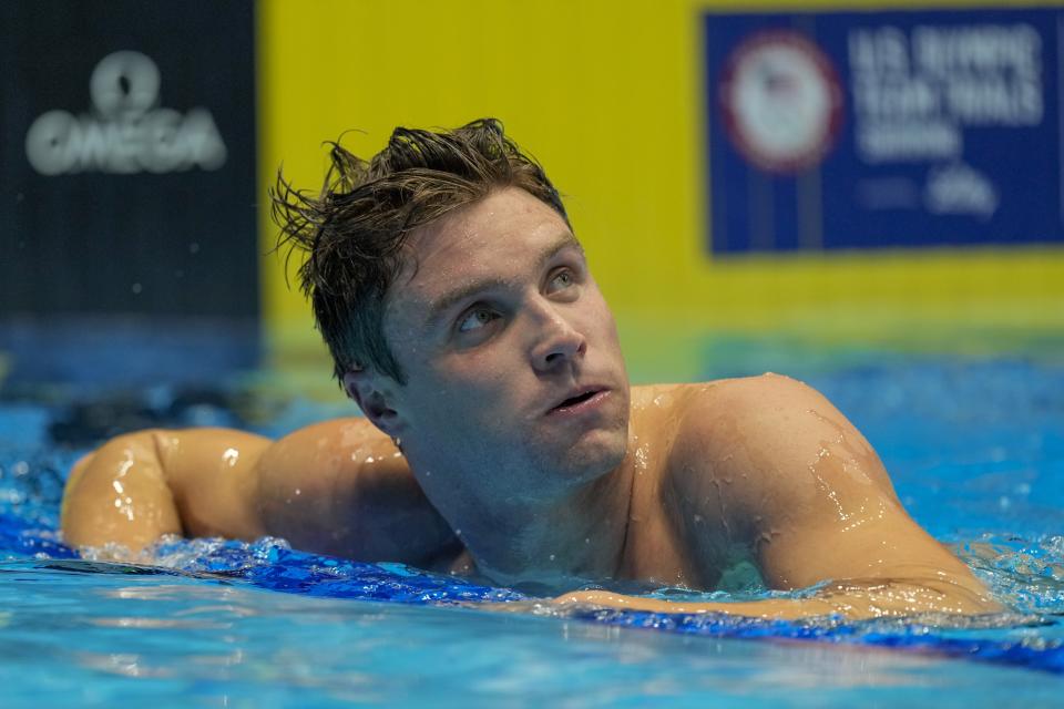 Robert Finke reacts after the Men's 1500 freestyle finals Sunday, June 23, 2024, at the US Swimming Olympic Trials in Indianapolis. (AP Photo/Michael Conroy)