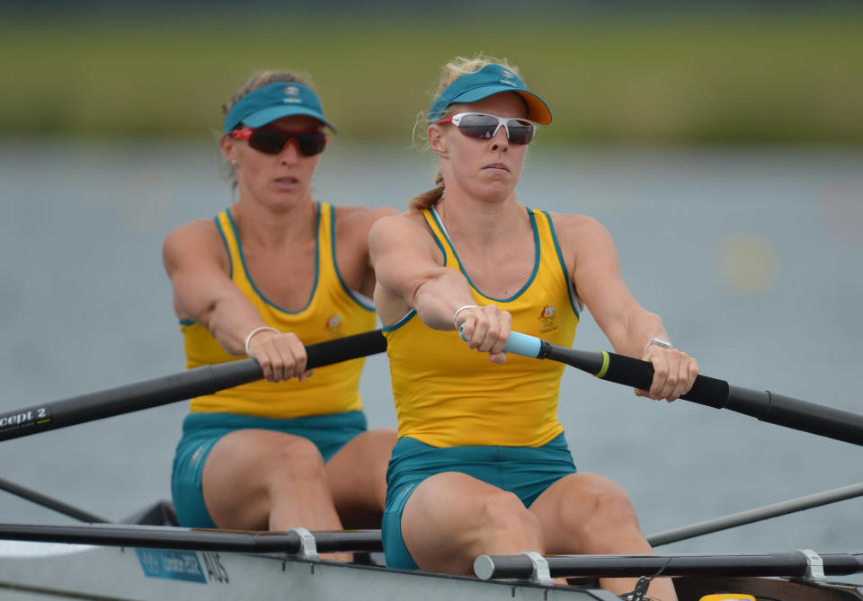 WINDSOR, ENGLAND - AUGUST 01: Australia's Kate Hornsey (R) and Sarah Tait compete in the women's pair final A to win the silver medalon Day 5 of the London 2012 Olympic Games at Eton Dorney on August 1, 2012 in Windsor, England. (Photo by Eric Feferberg - IOPP Pool / Getty Images)