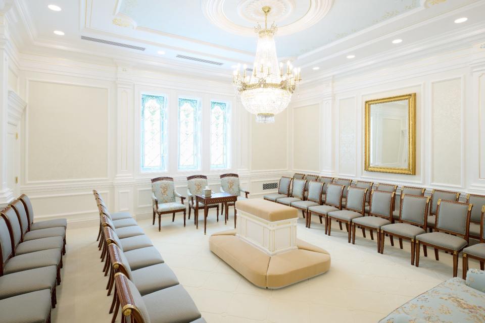 The sealing room where marriage vows are offered inside the Columbus temple of the Church of Jesus Christ of Latter-day Saints.