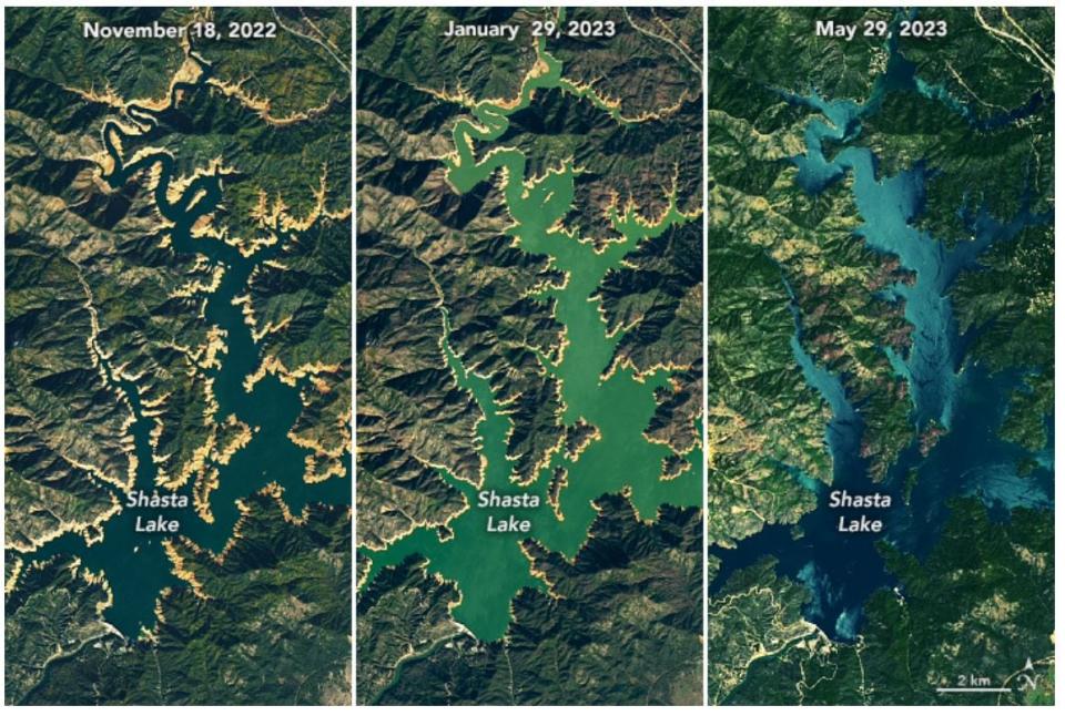 NASA's satellite images of Lake Shasta before and after wet winter and spring storms arrived from December, 2022 to May, 2023.