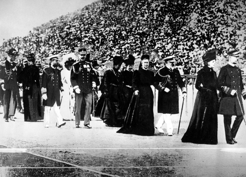 <p>Members of various European royal families parade through the stadium during the 1906 Olympic Games in Athens, Greece. </p>