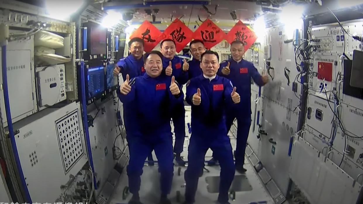  The astronauts of China's Shenzhou 16 and Shenzhou 17 missions celebrate the latter crew's arrival on the Tiangong space station on Oct. 26, 2023. . 