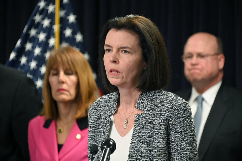 FBI Special Agent in Charge Jennifer C. Boone speaks at a press conference announcing the indictment of former Baltimore Mayor Catherine Pugh, Wednesday, Nov. 20, 2019, in Baltimore. Pugh was charged Wednesday with fraud and tax evasion involving sales of her self-published children's books. (Lloyd Fox/The Baltimore Sun via AP)