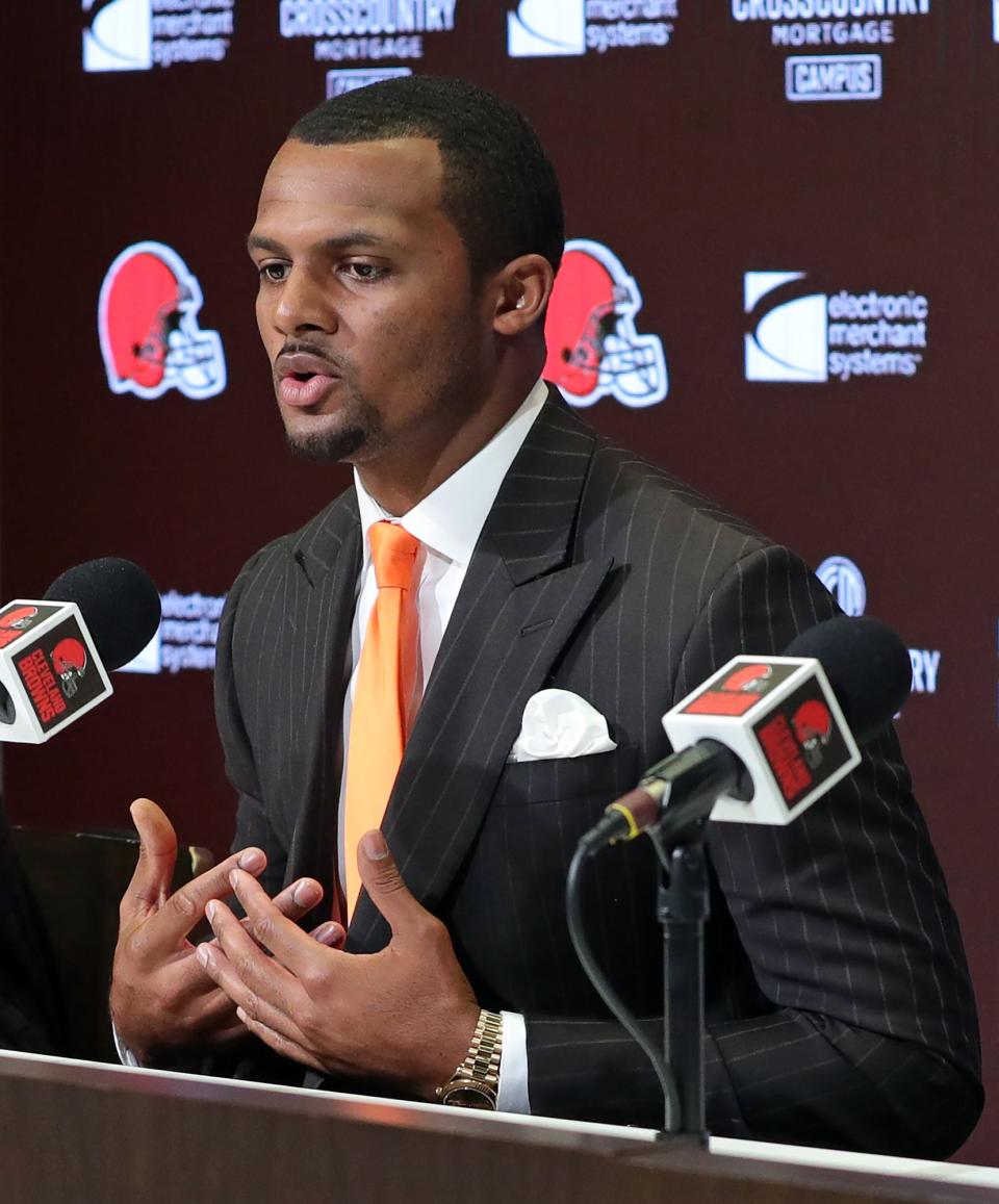 Cleveland Browns quarterback Deshaun Watson answers questions during his introductory press conference at the Cleveland Browns Training Facility in Berea.