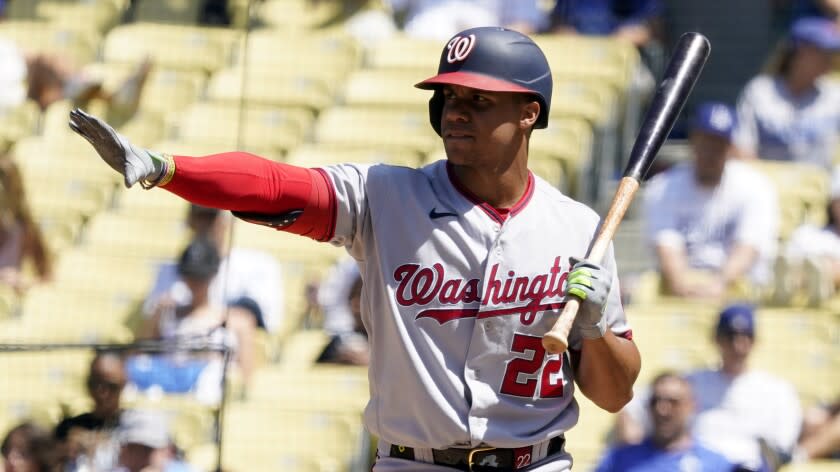 Washington Nationals' Juan Soto bats during a baseball game against the Los Angeles Dodgers Wednesday, July 27, 2022, in Los Angeles. (AP Photo/Marcio Jose Sanchez)