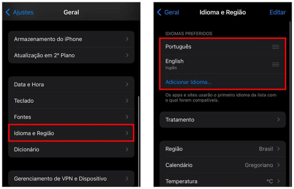 Troque o idioma do iPhone para mudar o idioma no aplicativo do Word (Captura de tela: Caio Carvalho)