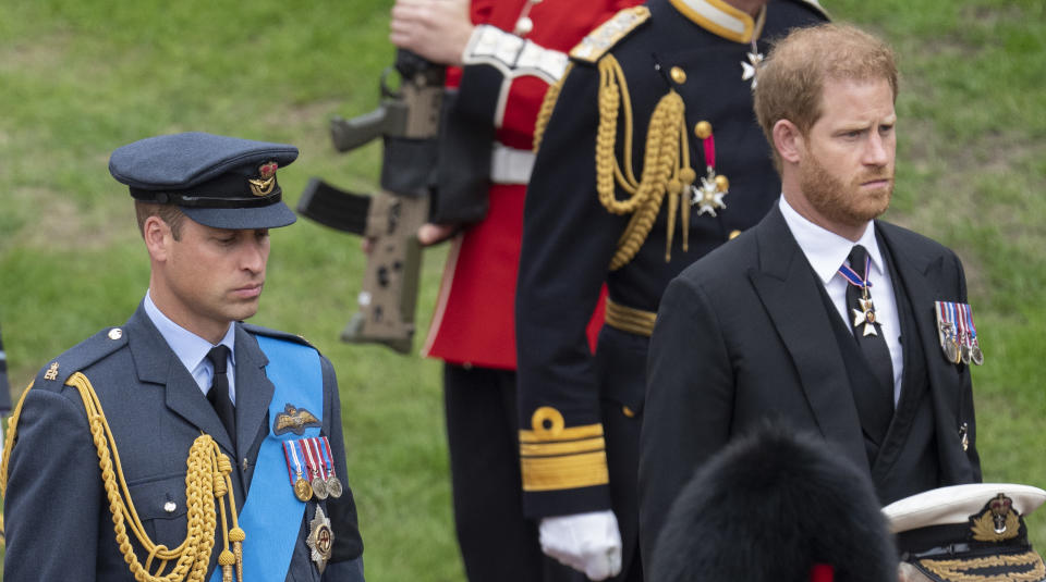 WINDSOR, ENGLAND - SEPTEMBER 19: Prince William, Prince of Wales and Prince Harry, Duke of Sussex at Windsor Castle on September 19, 2022 in Windsor, England. The committal service at St George's Chapel, Windsor Castle, took place following the state funeral at Westminster Abbey. A private burial in The King George VI Memorial Chapel followed. Queen Elizabeth II died at Balmoral Castle in Scotland on September 8, 2022, and is succeeded by her eldest son, King Charles III. (Photo by Mark Cuthbert/UK Press via Getty Images)