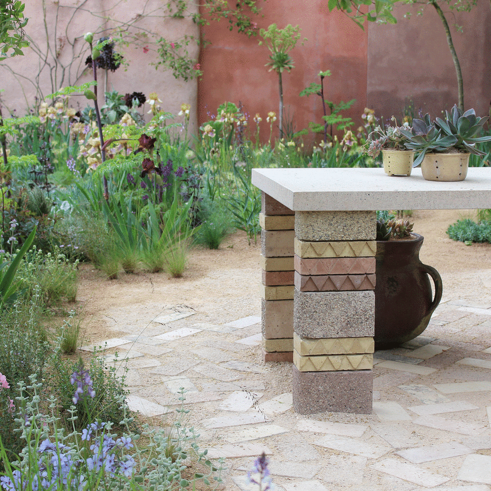 Outdoor table with brick legs