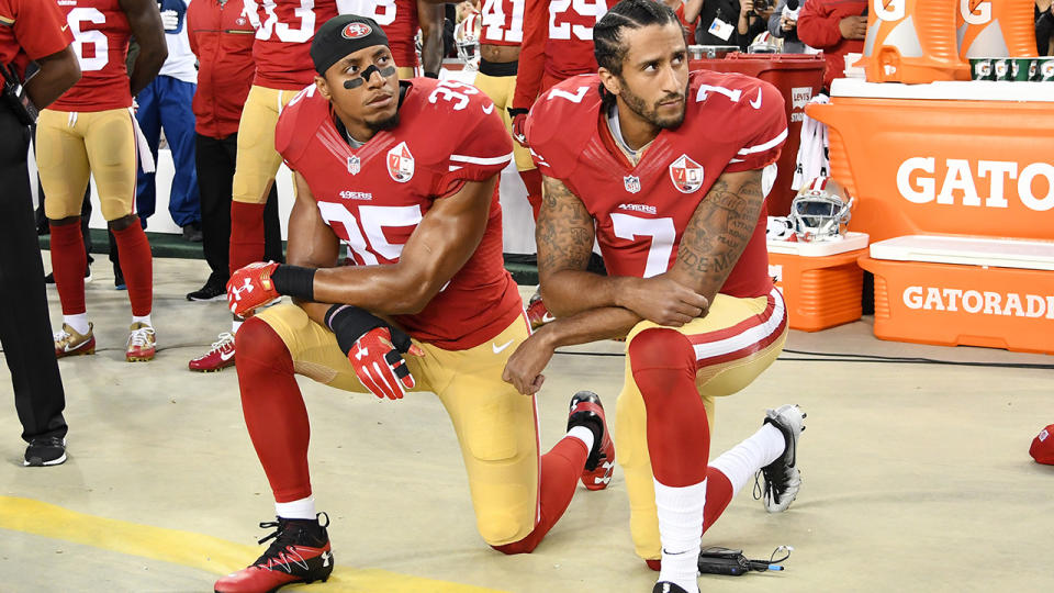 Eric Reid and Colin Kaepernick, pictured here kneeling in protest during the national anthem in 2016. 