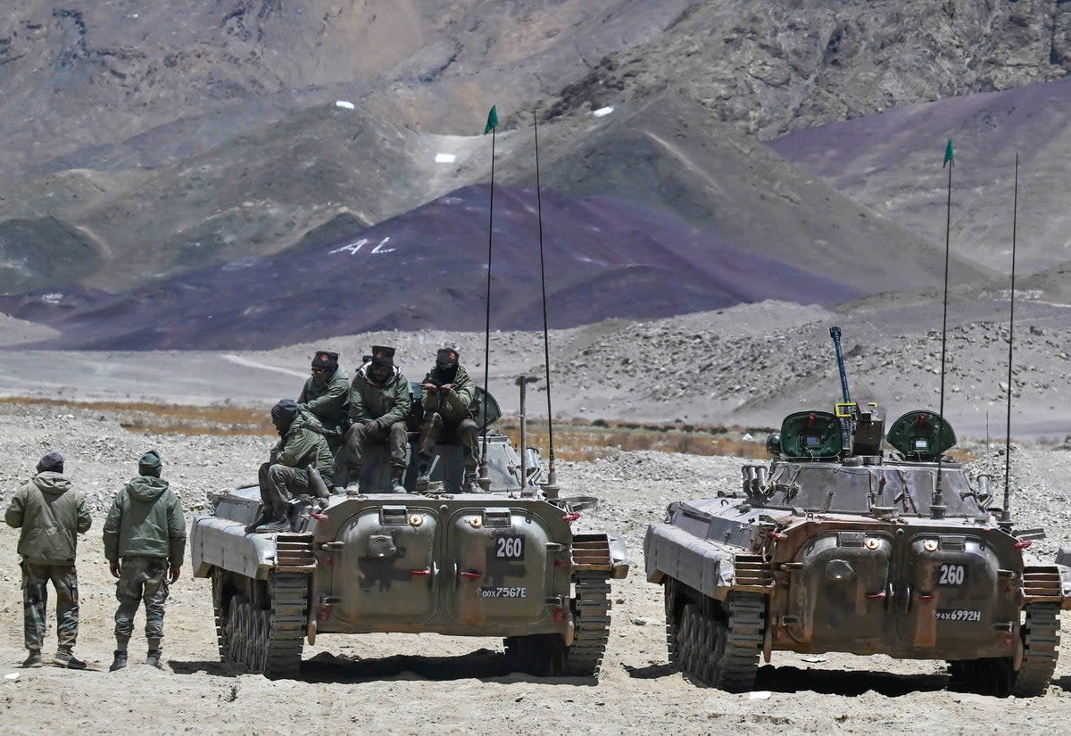 File. Picture taken on 19 May 2024 shows armoured vehicles of the Indian army at a military camp in Ladakh (AFP via Getty Images)