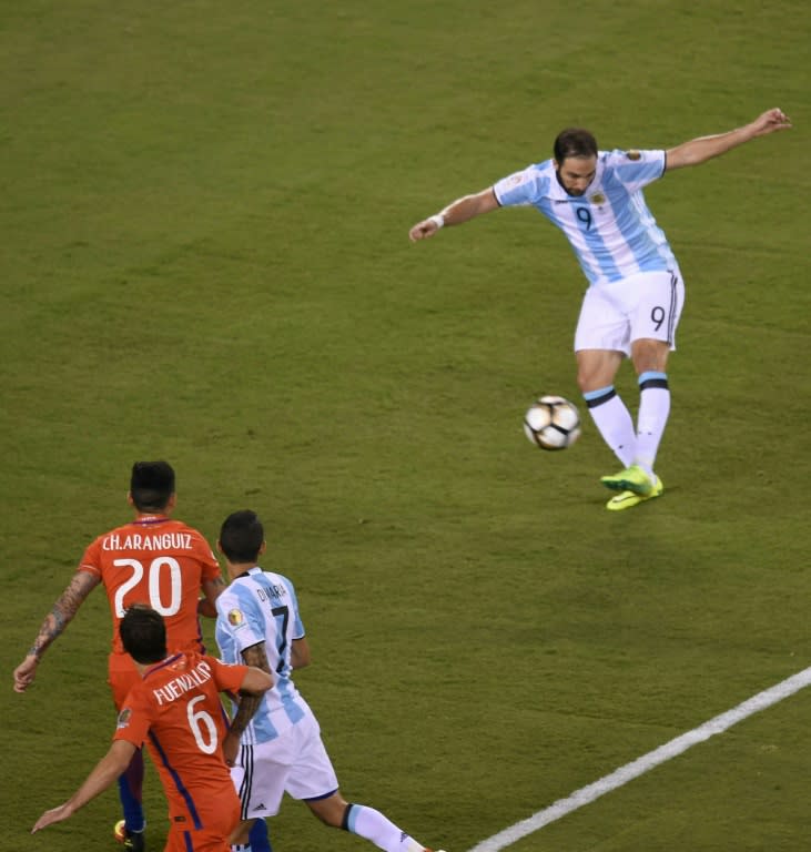 Argentina's Gonzalo Higuain kicks the all during the Copa America Centenario final against Chile in East Rutherford, New Jersey, United States, on June 26, 2016