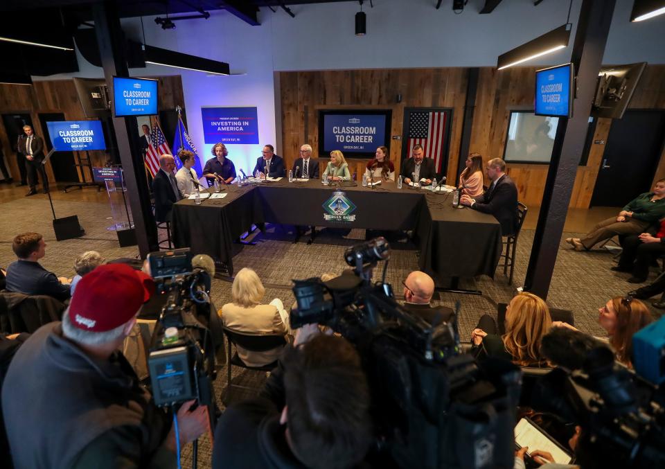 A panel discussion including first lady Jill Biden, U.S. Secretary of Education Miguel Cardona and Wisconsin Gov. Tony Evers ion Friday at LiveX in the Rail Yard Innovation District in Green Bay.