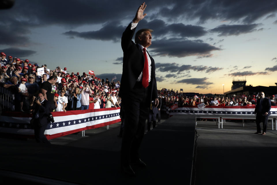 President Donald Trump waves to the crowd as he finishes speaking at a campaign rally, Monday, May 20, 2019, in Montoursville, Pa. (AP Photo/Evan Vucci)