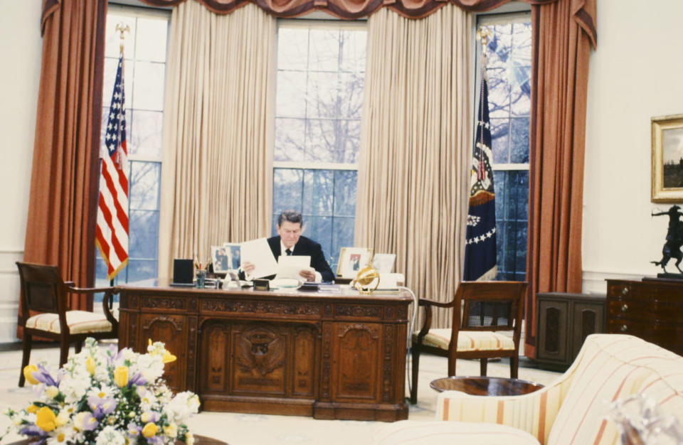 U.S. President Ronald Reagan in the Oval Office of the White House on February 10, 1981 in Washington D.C. (Photo by: NBC/NBC NewsWire)