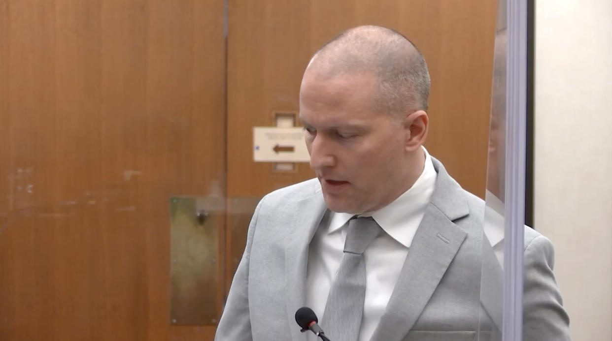 Derek Chauvin chose not to read a statement at his sentencing hearing on June 25, 2021, opting to simply offer his condolences to the family of George Floyd. Credit: (Court TV via Reuters)