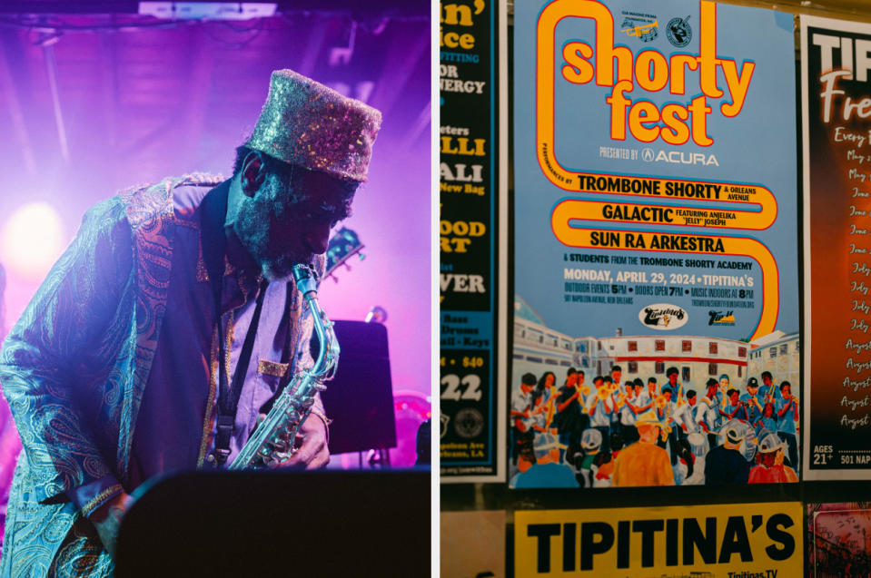 Musician plays saxophone at nightclub. Poster advertises Shorty Fest concert, featuring Trombone Shorty, Galactic, and Sun Ra Arkestra on April 29, 2022, at Tipitina's
