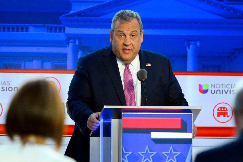 Former New Jersey Gov. Chris Christie speaks during the FOX Business Republican presidential primary debate at the Ronald Reagan Presidential Library and Museum.