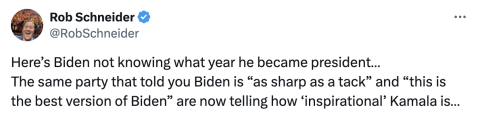 Rob Schneider kritisierte auf Twitter Joe Bidens kognitive Fähigkeiten und äußerte Skepsis gegenüber Kamala Harris‘ angeblichen Qualitäten