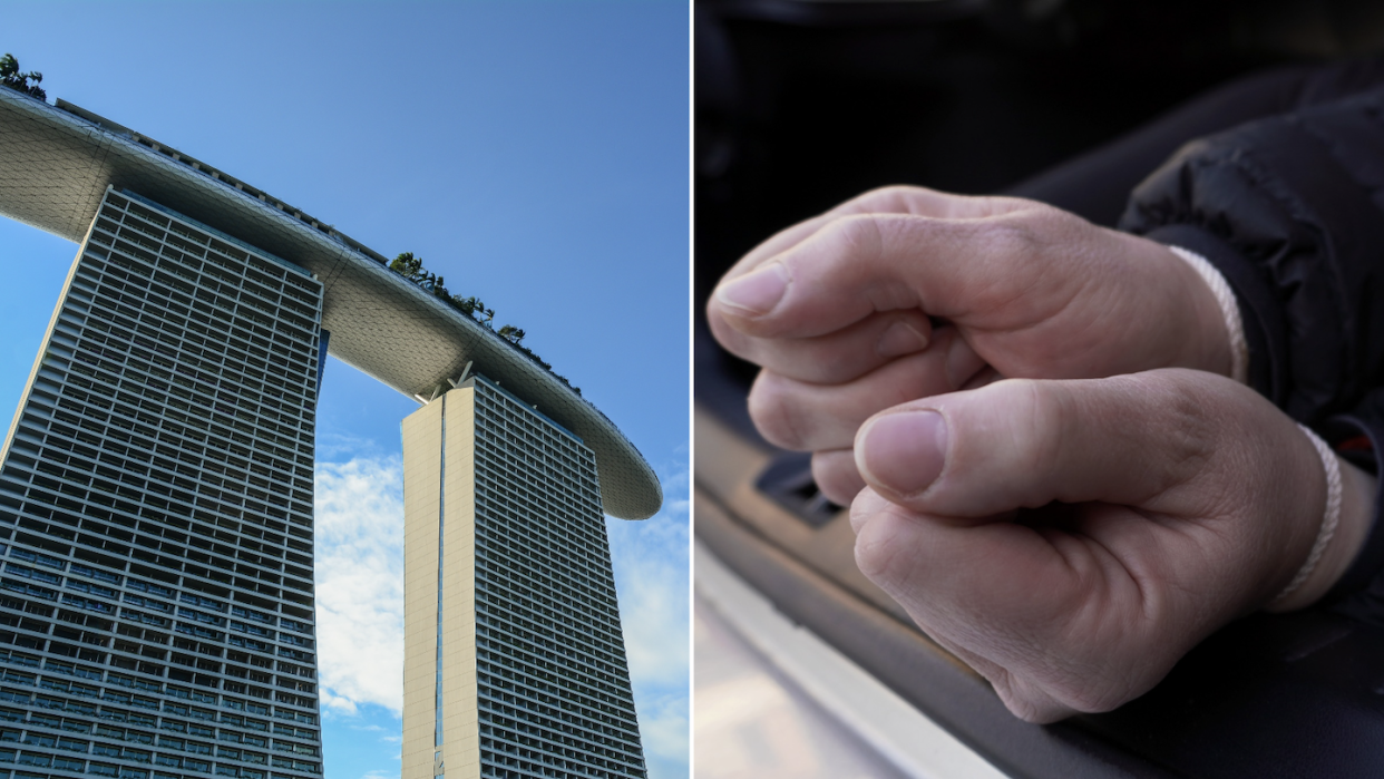 Marina Bay Sands where man came up with the scam, and was later caught by the police (left) and pair of hands bound by string (Photos: Getty Images)