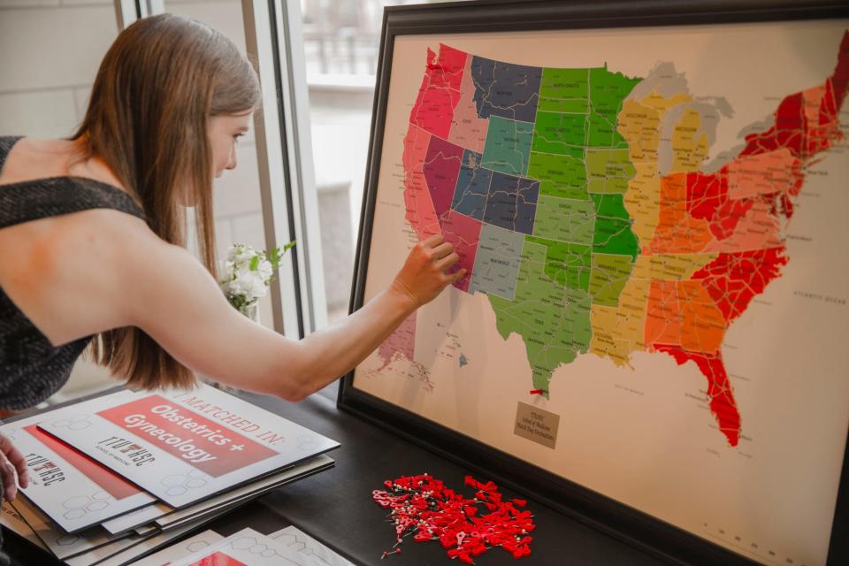 Holly Grossman placed a pin on a map of the United States that correlates to the location of her residency program. Grossman was matched to the Mayo Clinic in Arizona.