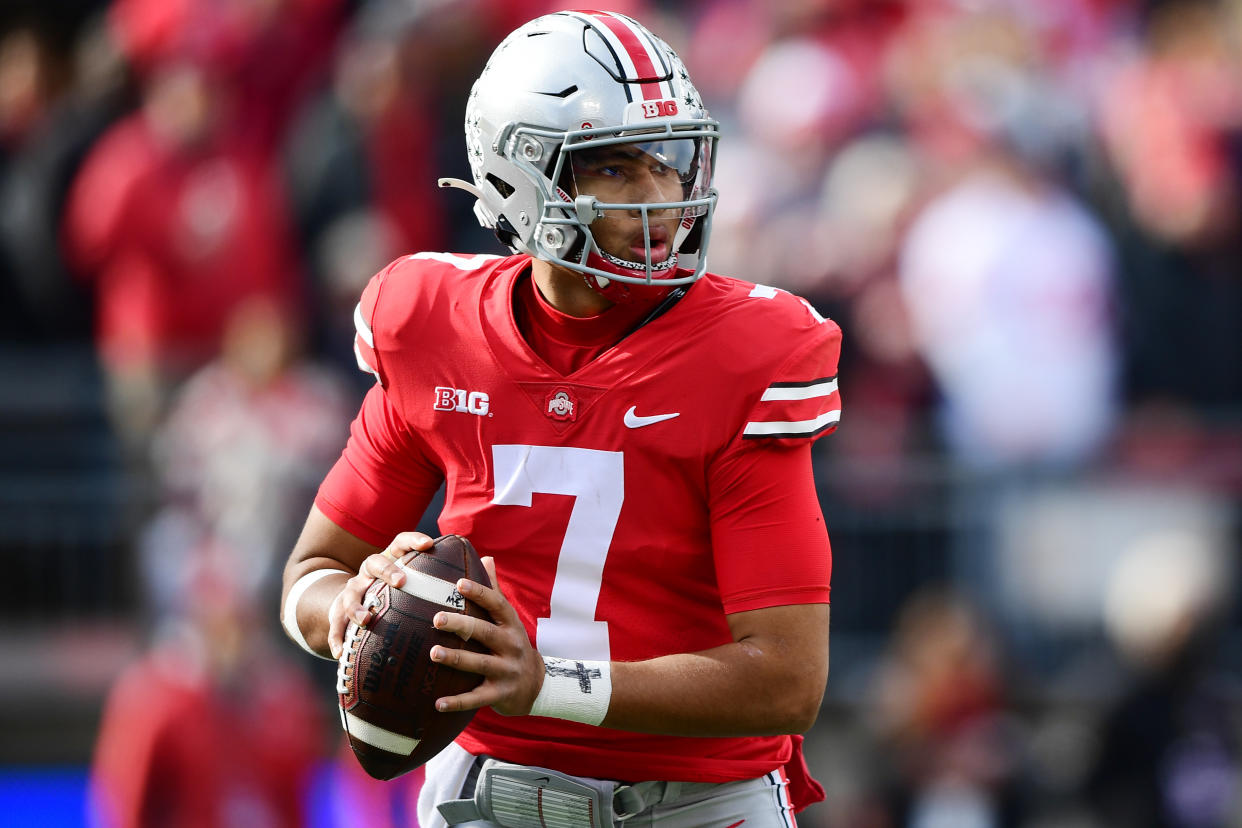 COLUMBUS, OHIO - NOVEMBER 20: C.J. Stroud #7 of the Ohio State Buckeyes drops back to pass during the first half of a game against the Michigan State Spartans at Ohio Stadium on November 20, 2021 in Columbus, Ohio. (Photo by Emilee Chinn/Getty Images)