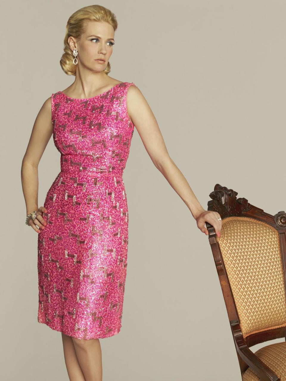 In this undated image released by AMC, January Jones appears in character as Betty Francis from the series "Mad Men." The popular 60s drama known for its fashion failed to garner an Emmy nomination for best costume design. The 64th annual Primetime Emmy Awards will be presented Sept. 23 at the Nokia Theatre in Los Angeles, hosted by Jimmy Kimmel and airing live on ABC. (AP Photo/AMC, Frank Ockenfels)